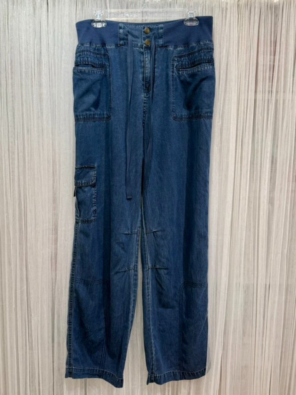 Soft Surroundings Cargo Pants Womens Medium Blue Wide Leg Drawstring Waist